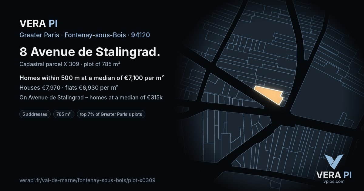 8 Avenue de Stalingrad, Fontenay-sous-Bois at night – the plot lit, the parcels around coloured by the prices near them