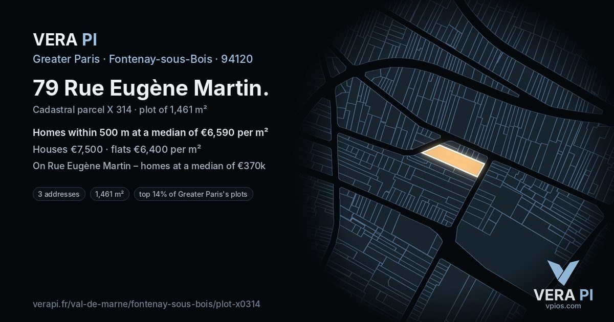 79 Rue Eugène Martin, Fontenay-sous-Bois at night – the plot lit, the parcels around coloured by the prices near them