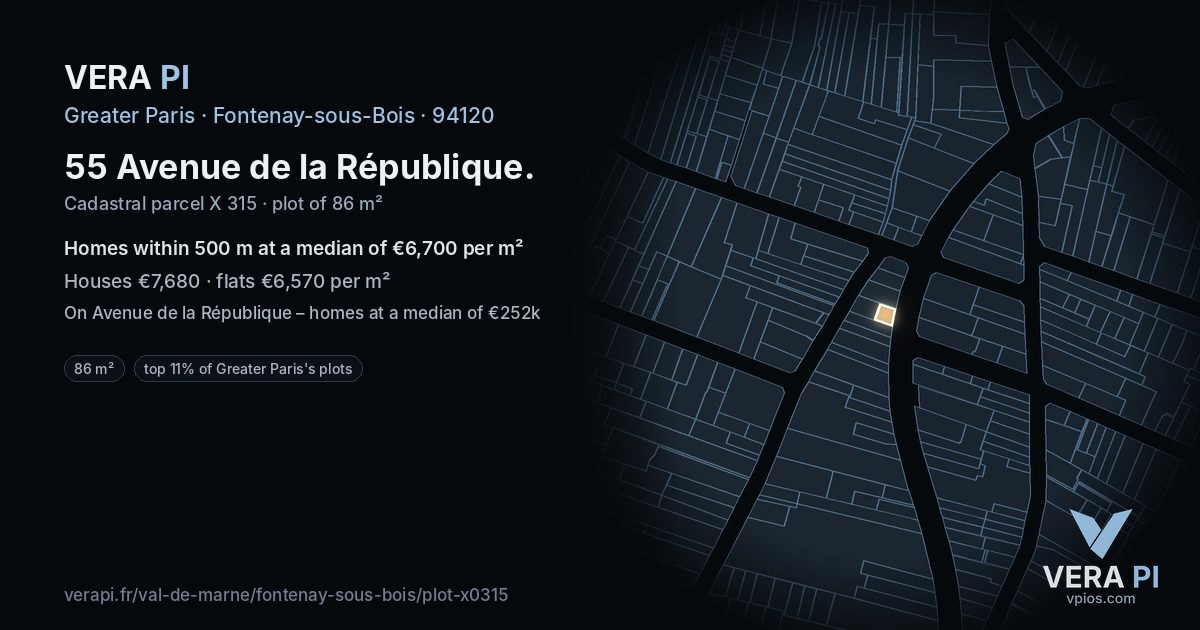 55 Avenue de la République, Fontenay-sous-Bois at night – the plot lit, the parcels around coloured by the prices near them