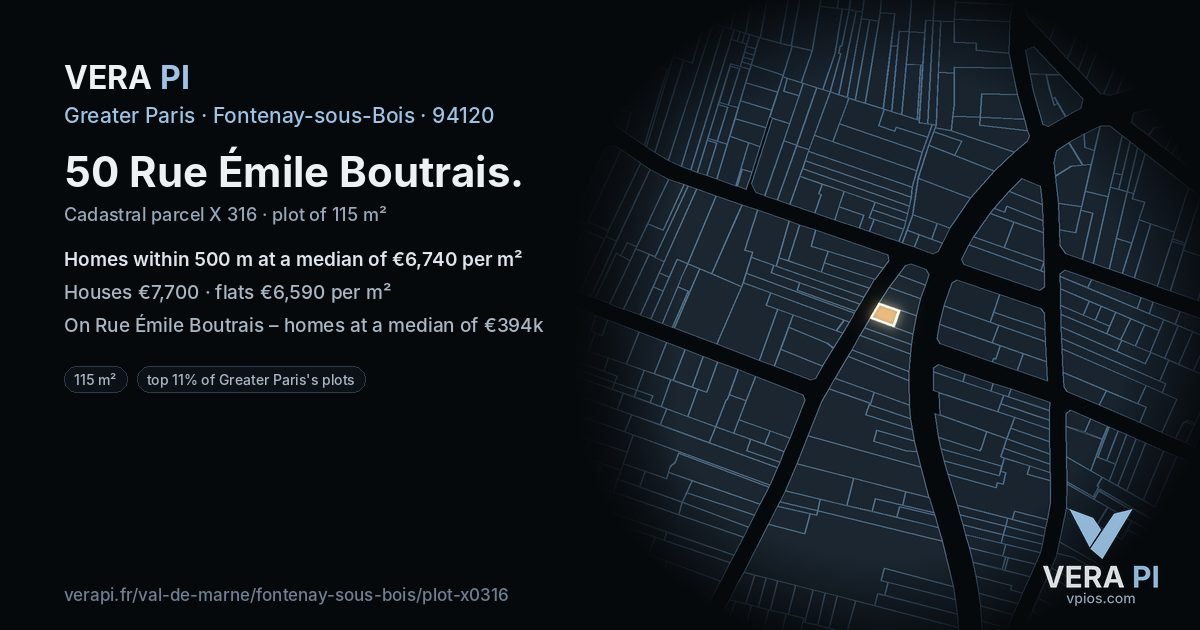 50 Rue Émile Boutrais, Fontenay-sous-Bois at night – the plot lit, the parcels around coloured by the prices near them