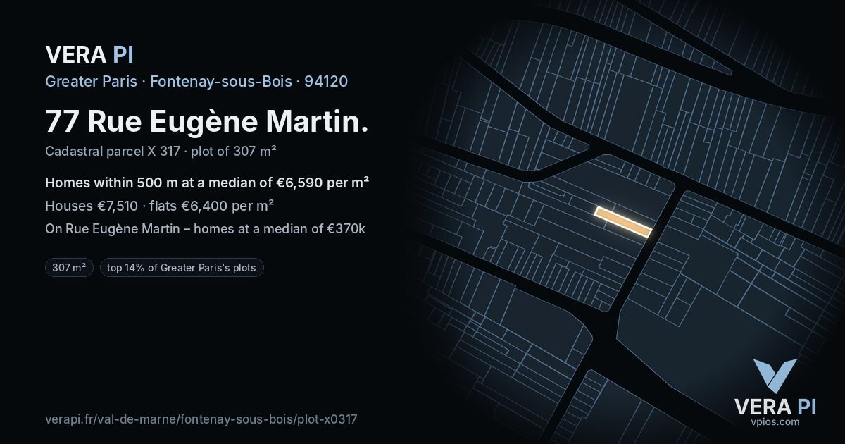 77 Rue Eugène Martin, Fontenay-sous-Bois at night – the plot lit, the parcels around coloured by the prices near them