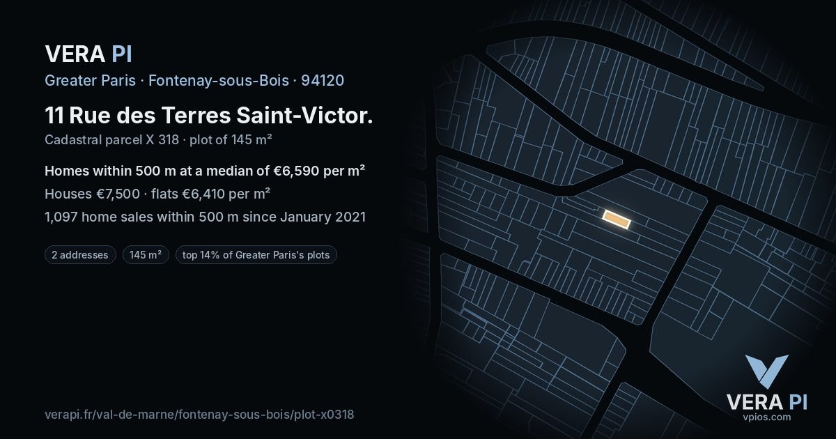 11 Rue des Terres Saint-Victor, Fontenay-sous-Bois at night – the plot lit, the parcels around coloured by the prices near them