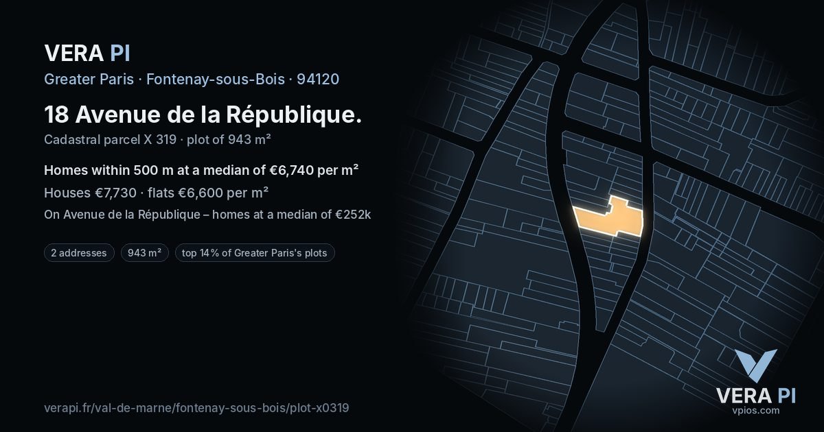 18 Avenue de la République, Fontenay-sous-Bois at night – the plot lit, the parcels around coloured by the prices near them
