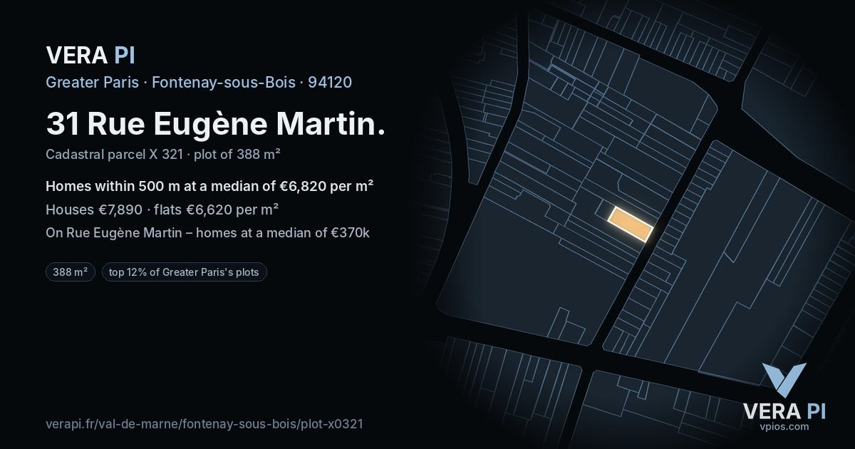 31 Rue Eugène Martin, Fontenay-sous-Bois at night – the plot lit, the parcels around coloured by the prices near them