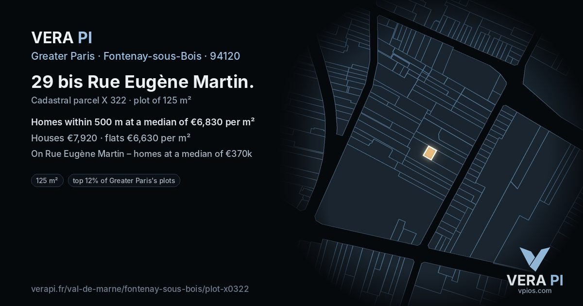 29 bis Rue Eugène Martin, Fontenay-sous-Bois at night – the plot lit, the parcels around coloured by the prices near them