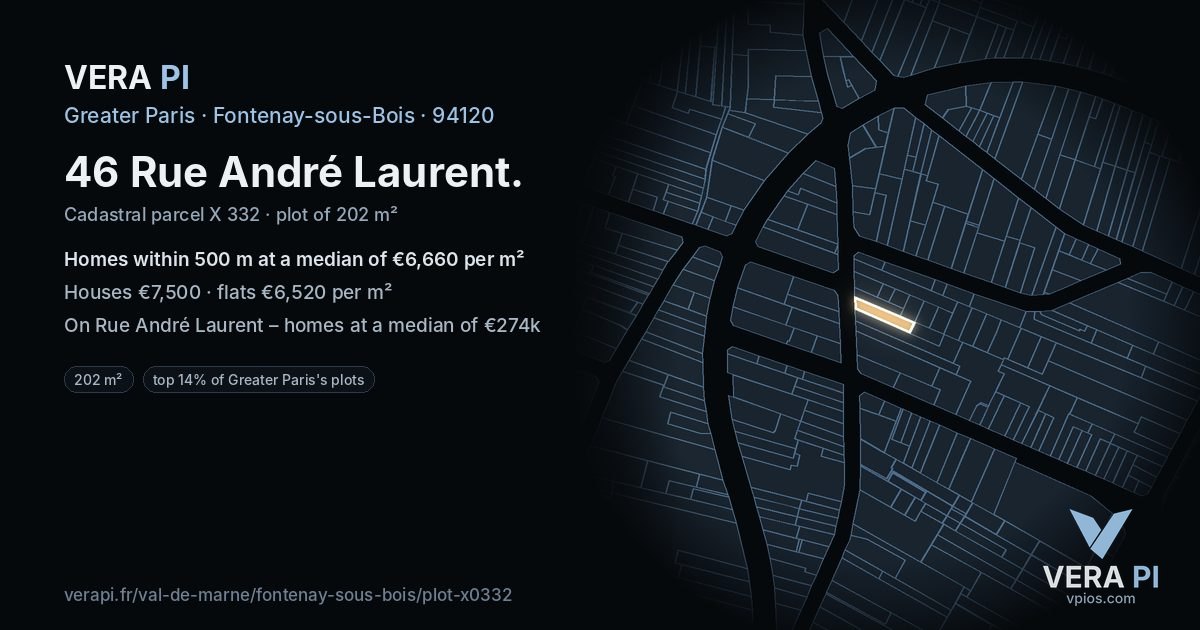 46 Rue André Laurent, Fontenay-sous-Bois at night – the plot lit, the parcels around coloured by the prices near them