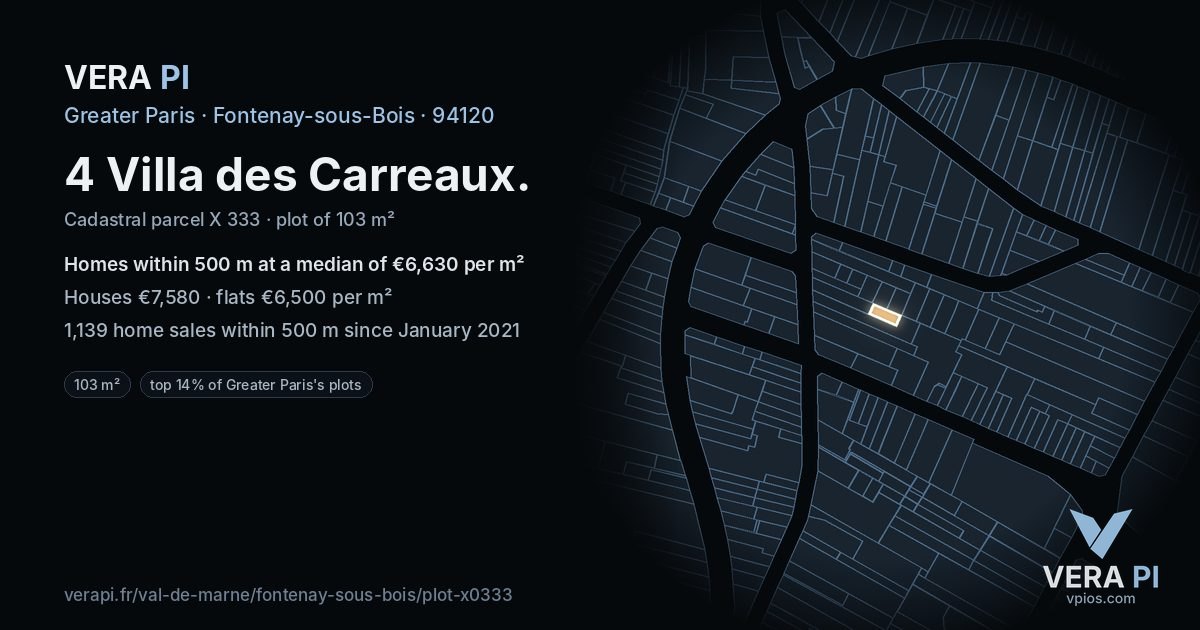 4 Villa des Carreaux, Fontenay-sous-Bois at night – the plot lit, the parcels around coloured by the prices near them
