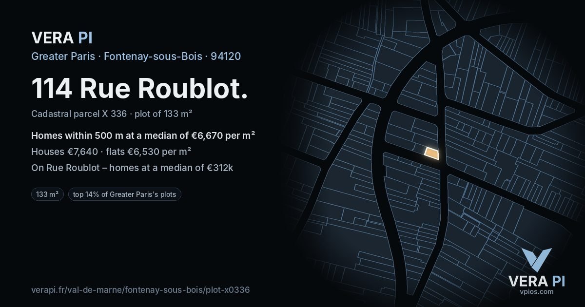 114 Rue Roublot, Fontenay-sous-Bois at night – the plot lit, the parcels around coloured by the prices near them