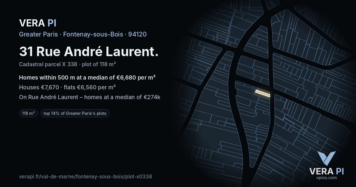 31 Rue André Laurent, Fontenay-sous-Bois at night – the plot lit, the parcels around coloured by the prices near them
