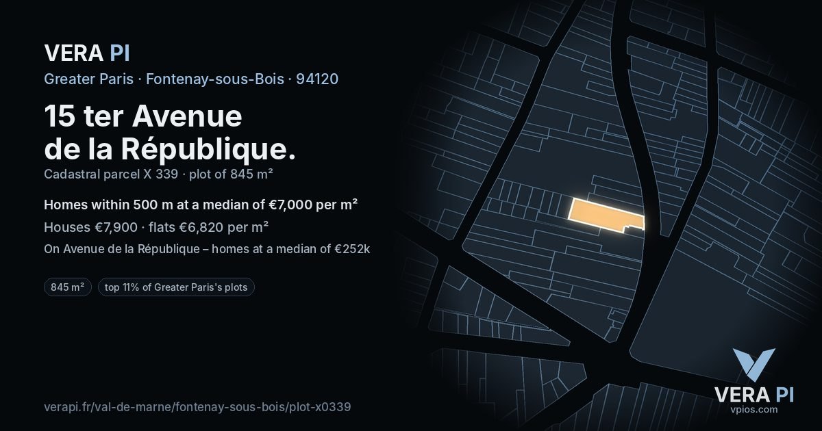 15 ter Avenue de la République, Fontenay-sous-Bois at night – the plot lit, the parcels around coloured by the prices near them