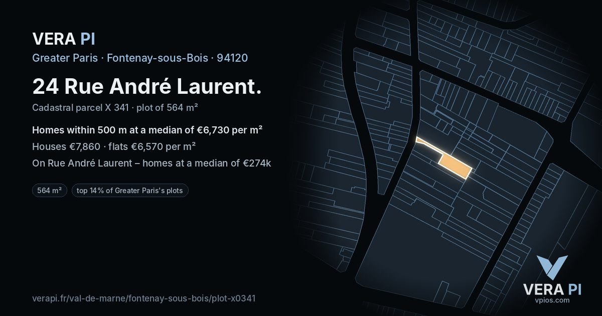 24 Rue André Laurent, Fontenay-sous-Bois at night – the plot lit, the parcels around coloured by the prices near them