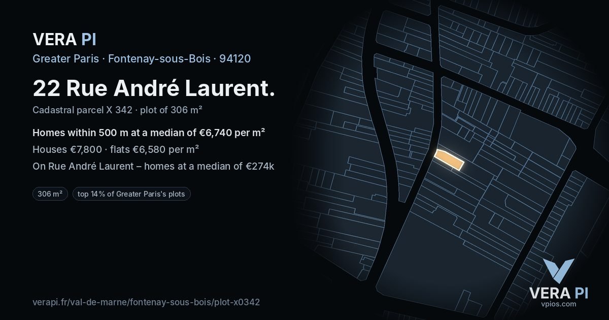 22 Rue André Laurent, Fontenay-sous-Bois at night – the plot lit, the parcels around coloured by the prices near them