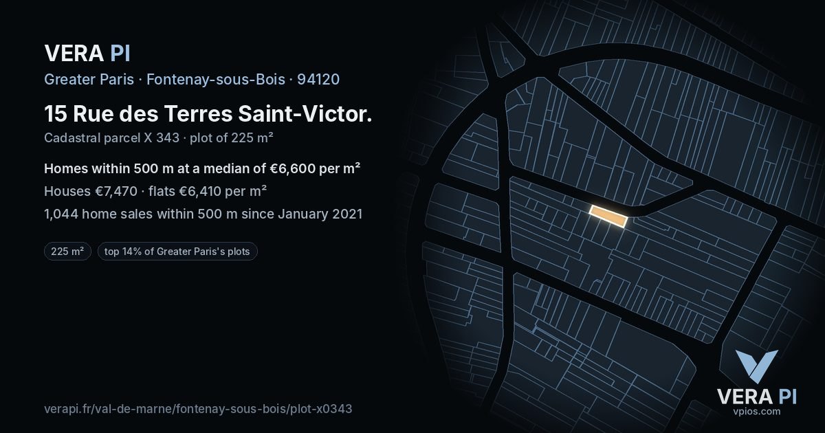 15 Rue des Terres Saint-Victor, Fontenay-sous-Bois at night – the plot lit, the parcels around coloured by the prices near them