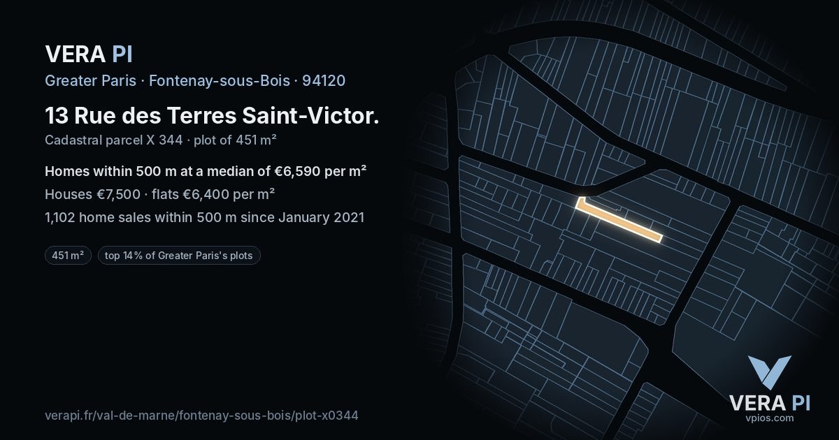 13 Rue des Terres Saint-Victor, Fontenay-sous-Bois at night – the plot lit, the parcels around coloured by the prices near them