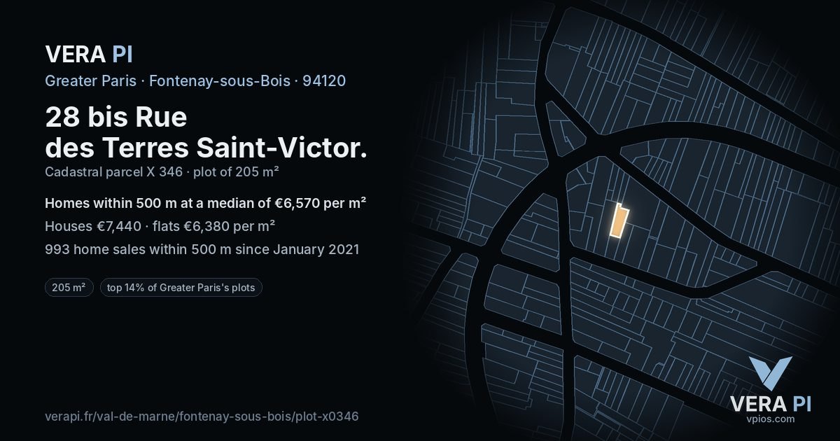 28 bis Rue des Terres Saint-Victor, Fontenay-sous-Bois at night – the plot lit, the parcels around coloured by the prices near them