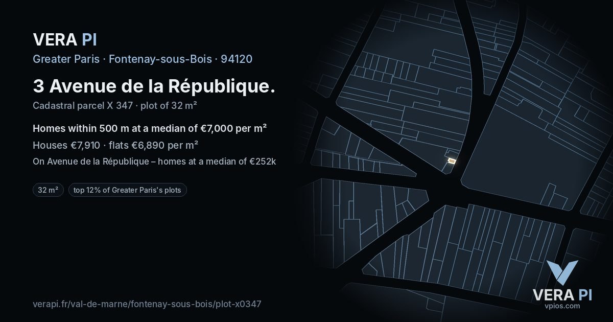 3 Avenue de la République, Fontenay-sous-Bois at night – the plot lit, the parcels around coloured by the prices near them