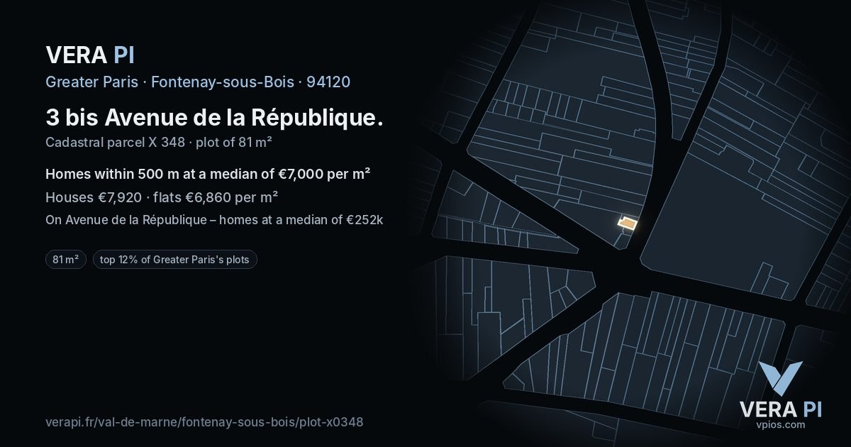 3 bis Avenue de la République, Fontenay-sous-Bois at night – the plot lit, the parcels around coloured by the prices near them