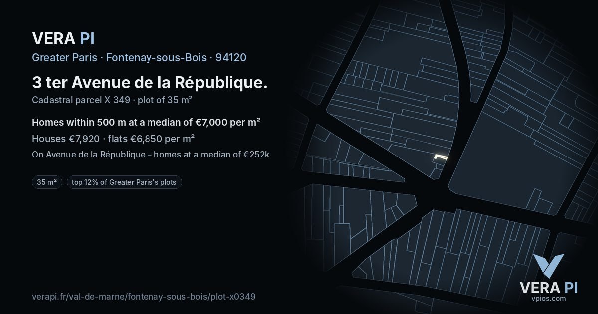 3 ter Avenue de la République, Fontenay-sous-Bois at night – the plot lit, the parcels around coloured by the prices near them