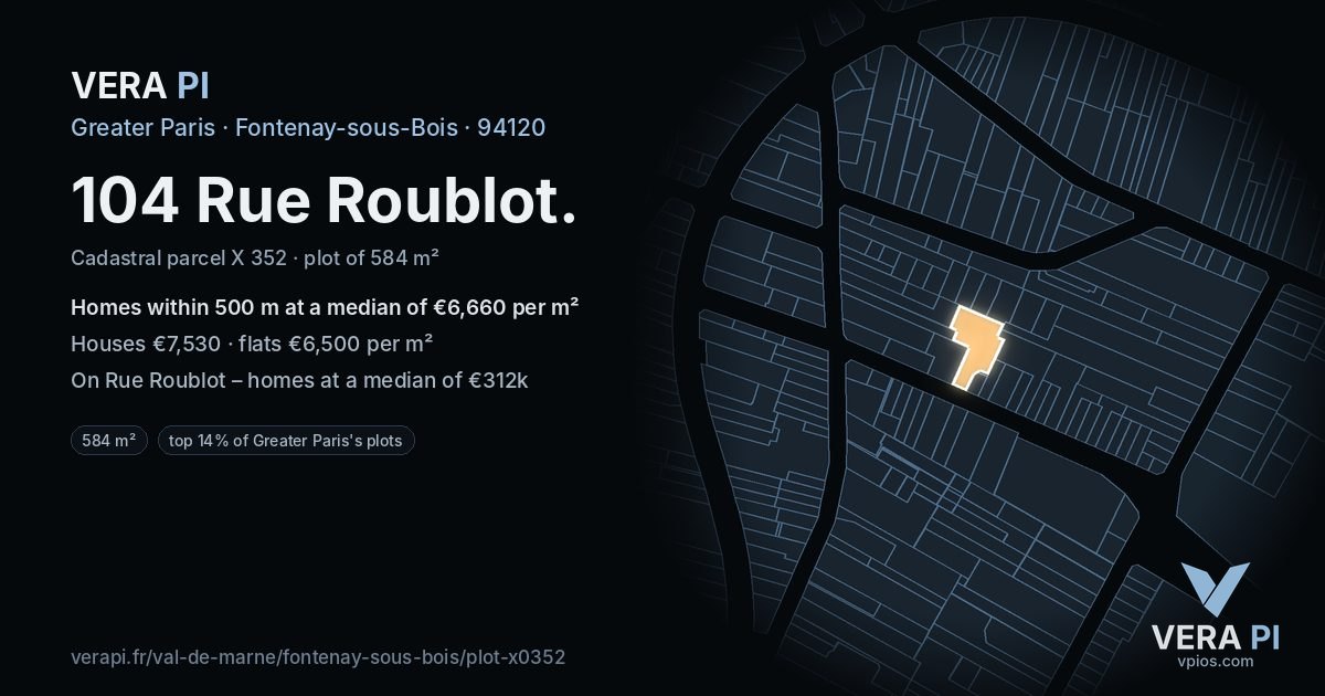 104 Rue Roublot, Fontenay-sous-Bois at night – the plot lit, the parcels around coloured by the prices near them