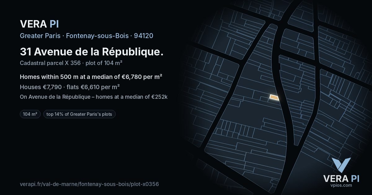 31 Avenue de la République, Fontenay-sous-Bois at night – the plot lit, the parcels around coloured by the prices near them