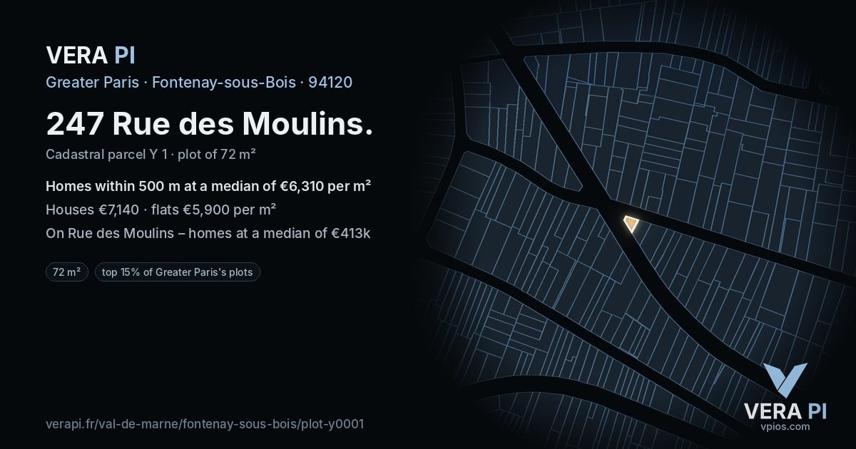 247 Rue des Moulins, Fontenay-sous-Bois at night – the plot lit, the parcels around coloured by the prices near them