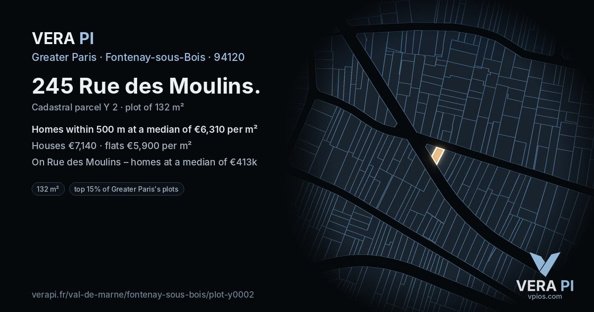 245 Rue des Moulins, Fontenay-sous-Bois at night – the plot lit, the parcels around coloured by the prices near them