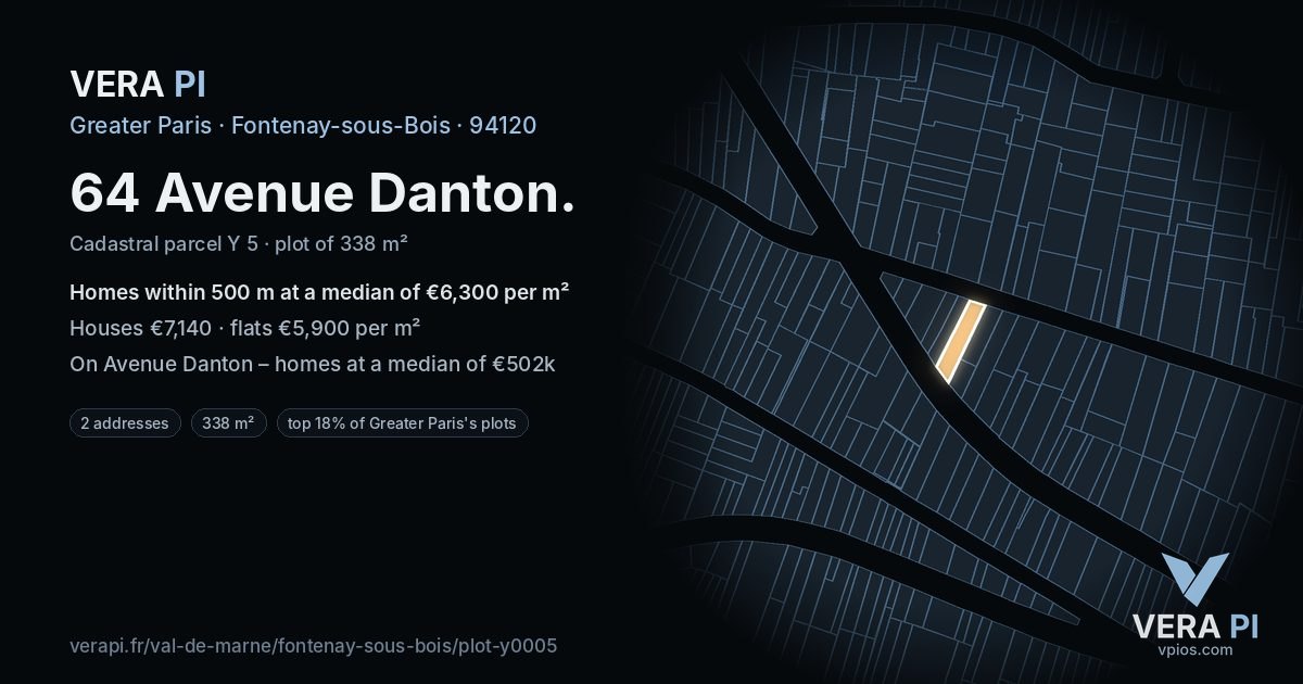 64 Avenue Danton, Fontenay-sous-Bois at night – the plot lit, the parcels around coloured by the prices near them