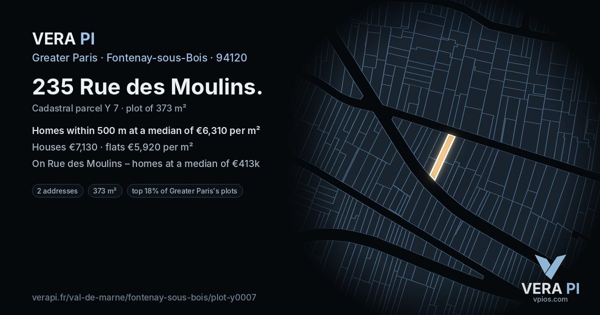 235 Rue des Moulins, Fontenay-sous-Bois at night – the plot lit, the parcels around coloured by the prices near them