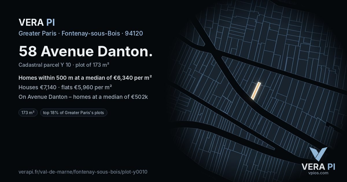 58 Avenue Danton, Fontenay-sous-Bois at night – the plot lit, the parcels around coloured by the prices near them