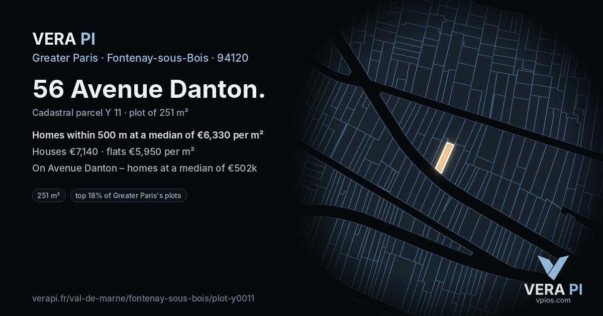 56 Avenue Danton, Fontenay-sous-Bois at night – the plot lit, the parcels around coloured by the prices near them