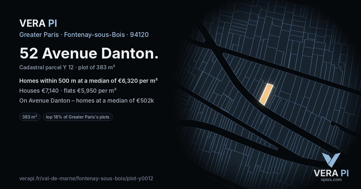 52 Avenue Danton, Fontenay-sous-Bois at night – the plot lit, the parcels around coloured by the prices near them