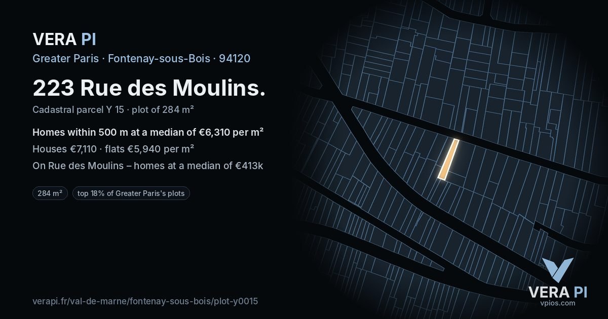 223 Rue des Moulins, Fontenay-sous-Bois at night – the plot lit, the parcels around coloured by the prices near them