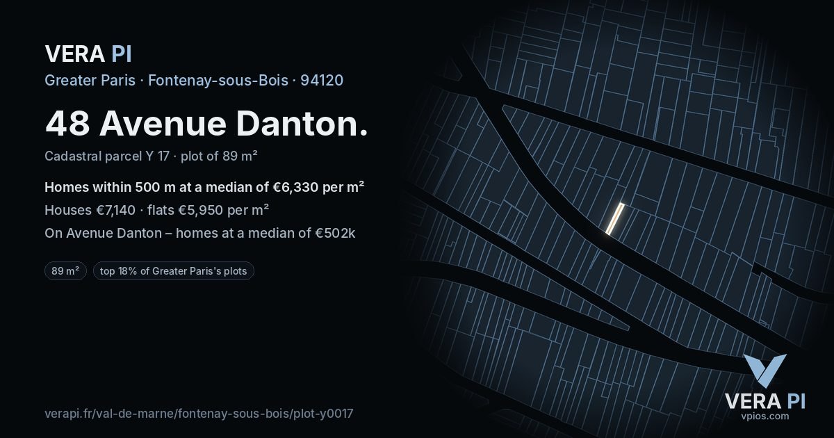 48 Avenue Danton, Fontenay-sous-Bois at night – the plot lit, the parcels around coloured by the prices near them