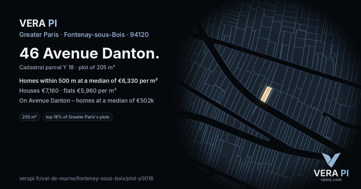 46 Avenue Danton, Fontenay-sous-Bois at night – the plot lit, the parcels around coloured by the prices near them