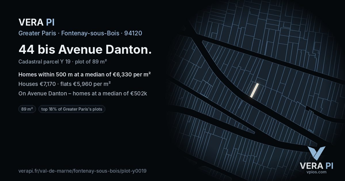 44 bis Avenue Danton, Fontenay-sous-Bois at night – the plot lit, the parcels around coloured by the prices near them