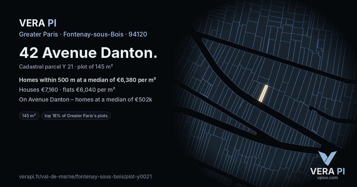 42 Avenue Danton, Fontenay-sous-Bois at night – the plot lit, the parcels around coloured by the prices near them