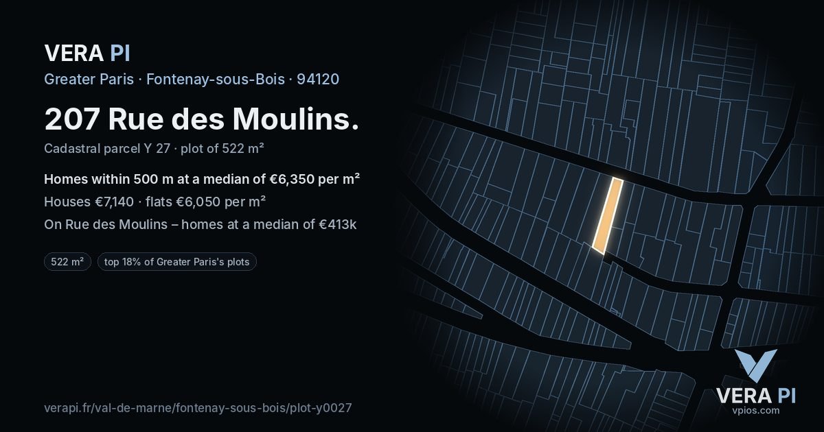 207 Rue des Moulins, Fontenay-sous-Bois at night – the plot lit, the parcels around coloured by the prices near them
