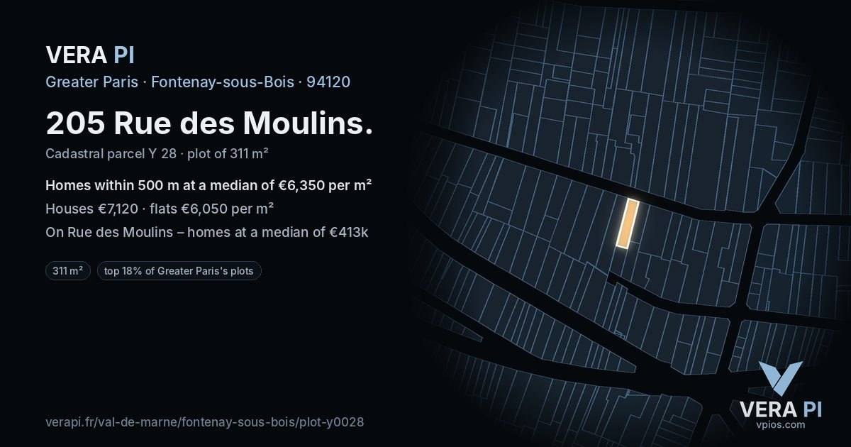 205 Rue des Moulins, Fontenay-sous-Bois at night – the plot lit, the parcels around coloured by the prices near them
