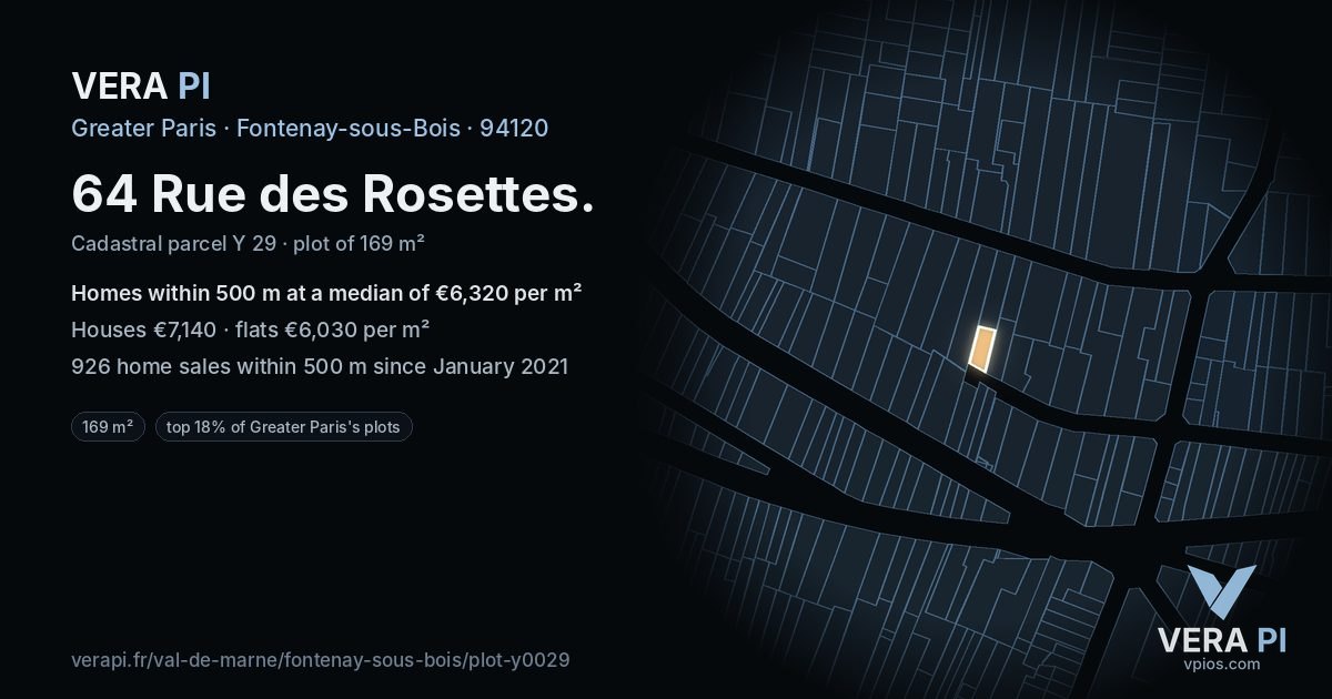 64 Rue des Rosettes, Fontenay-sous-Bois at night – the plot lit, the parcels around coloured by the prices near them