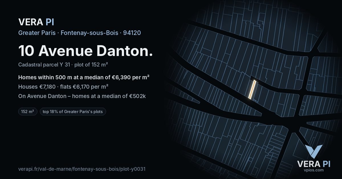 10 Avenue Danton, Fontenay-sous-Bois at night – the plot lit, the parcels around coloured by the prices near them