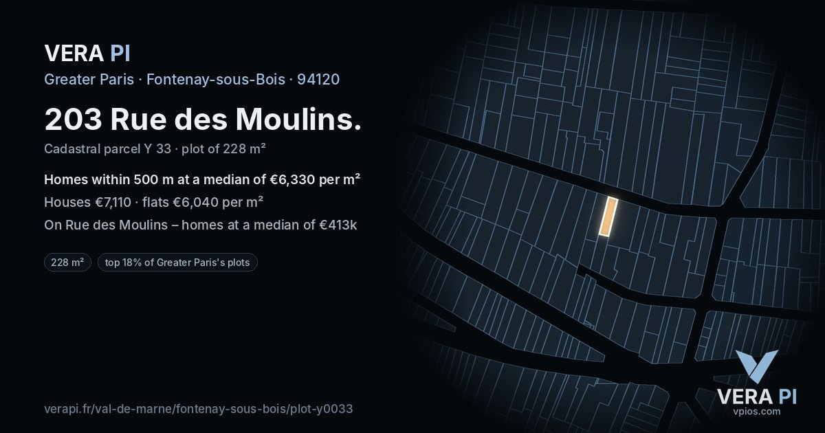 203 Rue des Moulins, Fontenay-sous-Bois at night – the plot lit, the parcels around coloured by the prices near them