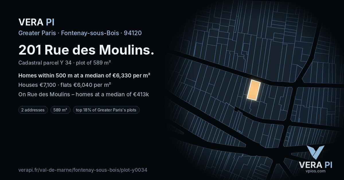 201 Rue des Moulins, Fontenay-sous-Bois at night – the plot lit, the parcels around coloured by the prices near them