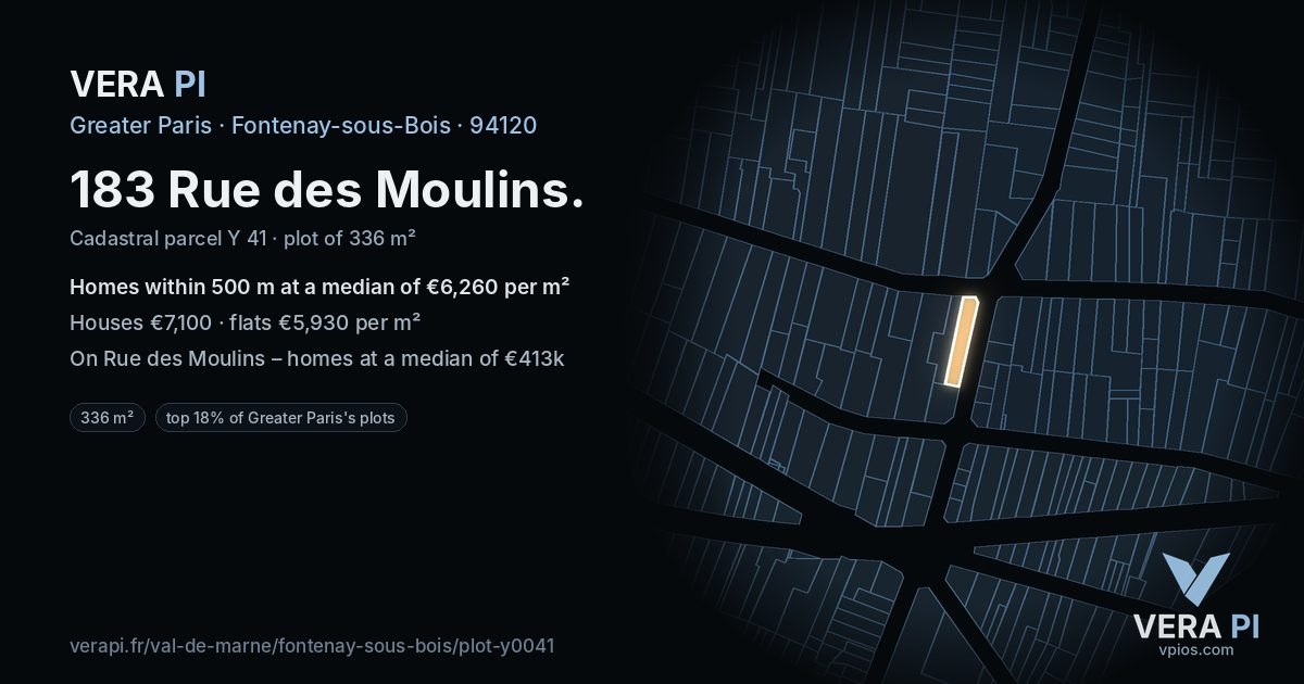 183 Rue des Moulins, Fontenay-sous-Bois at night – the plot lit, the parcels around coloured by the prices near them