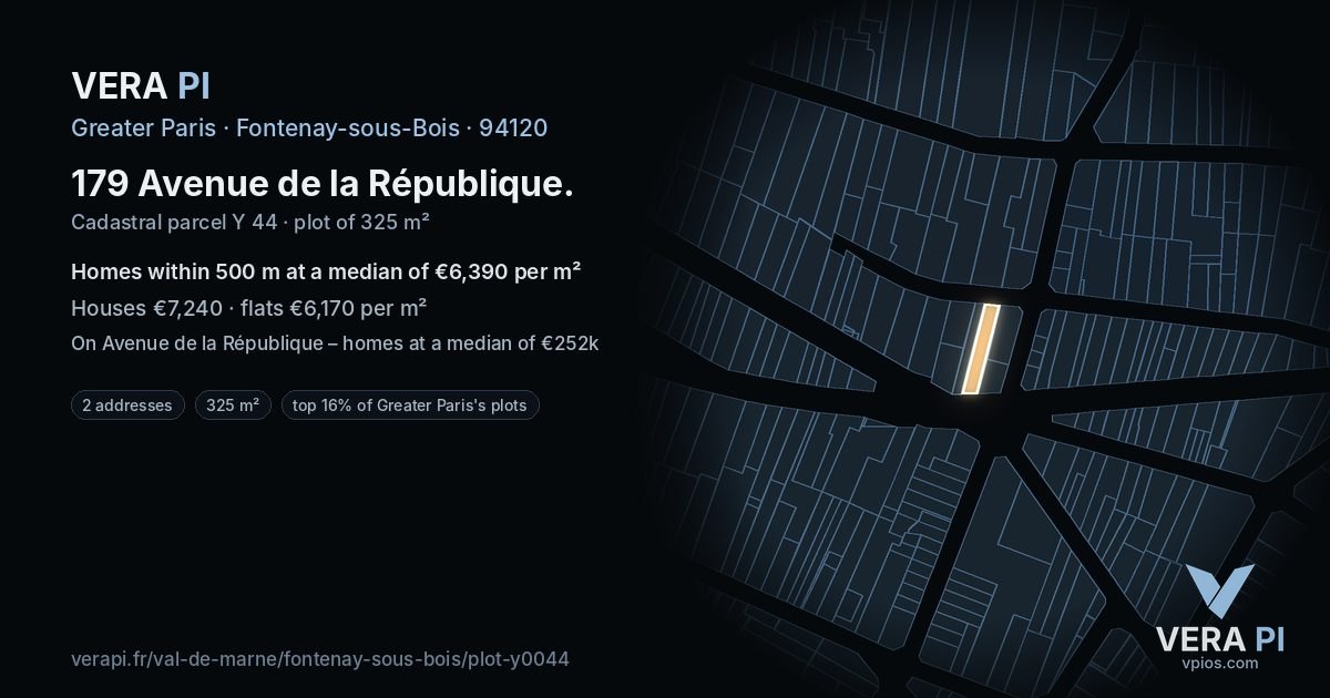 179 Avenue de la République, Fontenay-sous-Bois at night – the plot lit, the parcels around coloured by the prices near them