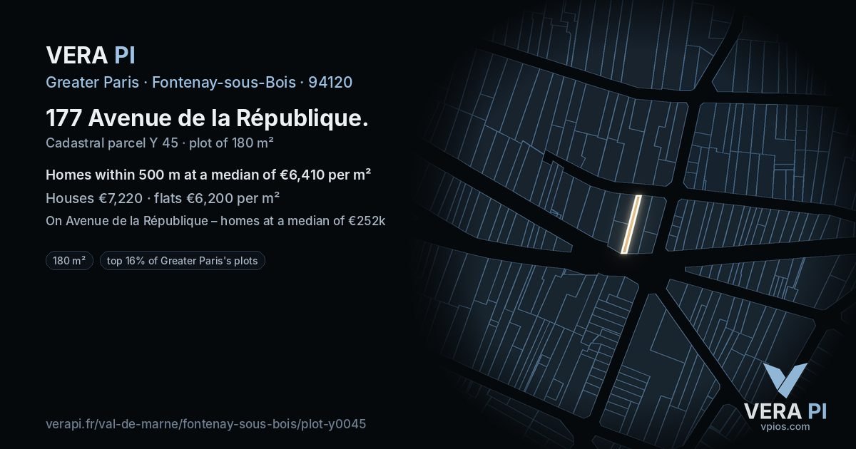 177 Avenue de la République, Fontenay-sous-Bois at night – the plot lit, the parcels around coloured by the prices near them