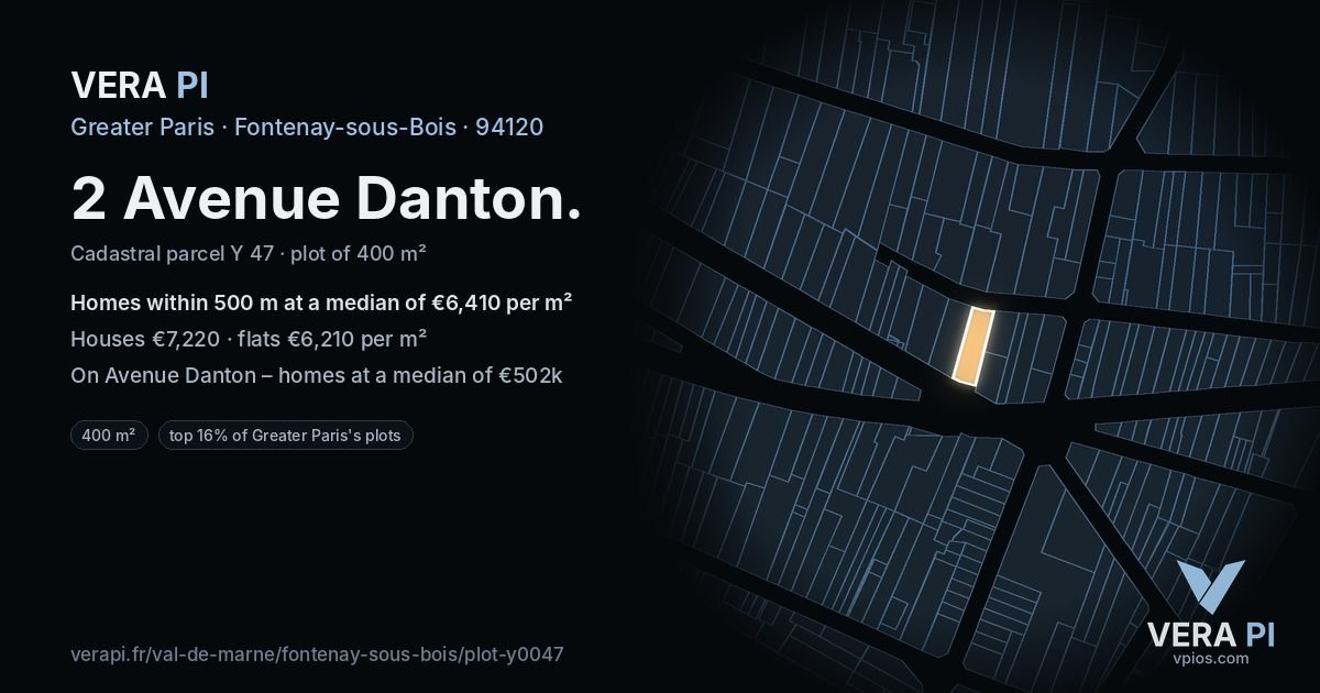 2 Avenue Danton, Fontenay-sous-Bois at night – the plot lit, the parcels around coloured by the prices near them