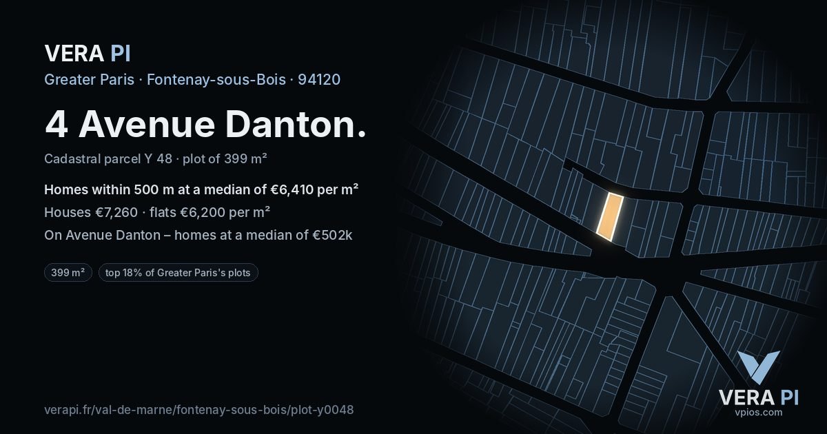 4 Avenue Danton, Fontenay-sous-Bois at night – the plot lit, the parcels around coloured by the prices near them