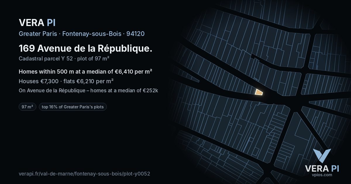 169 Avenue de la République, Fontenay-sous-Bois at night – the plot lit, the parcels around coloured by the prices near them