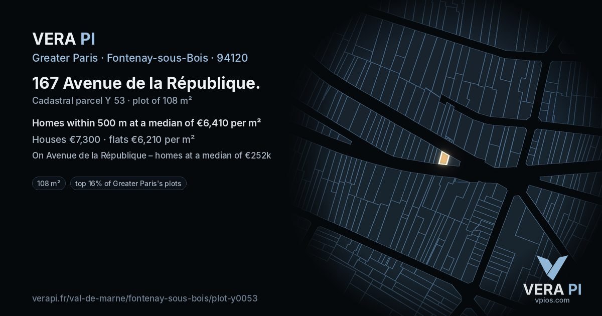167 Avenue de la République, Fontenay-sous-Bois at night – the plot lit, the parcels around coloured by the prices near them