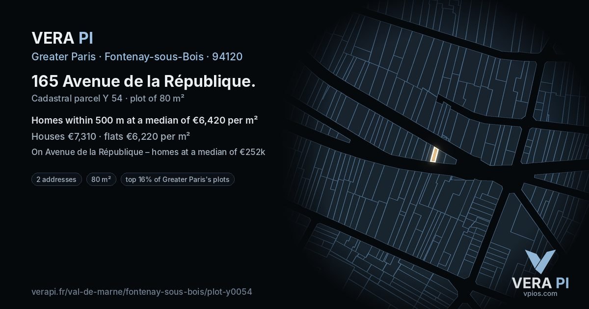 165 Avenue de la République, Fontenay-sous-Bois at night – the plot lit, the parcels around coloured by the prices near them